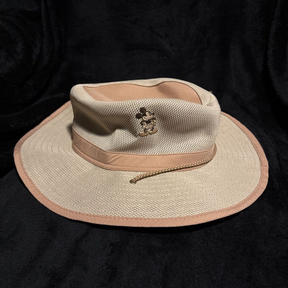 Disney Parks Mickey Mouse Safari Mesh Sun Hat With Strap Adult Size Beige Brown